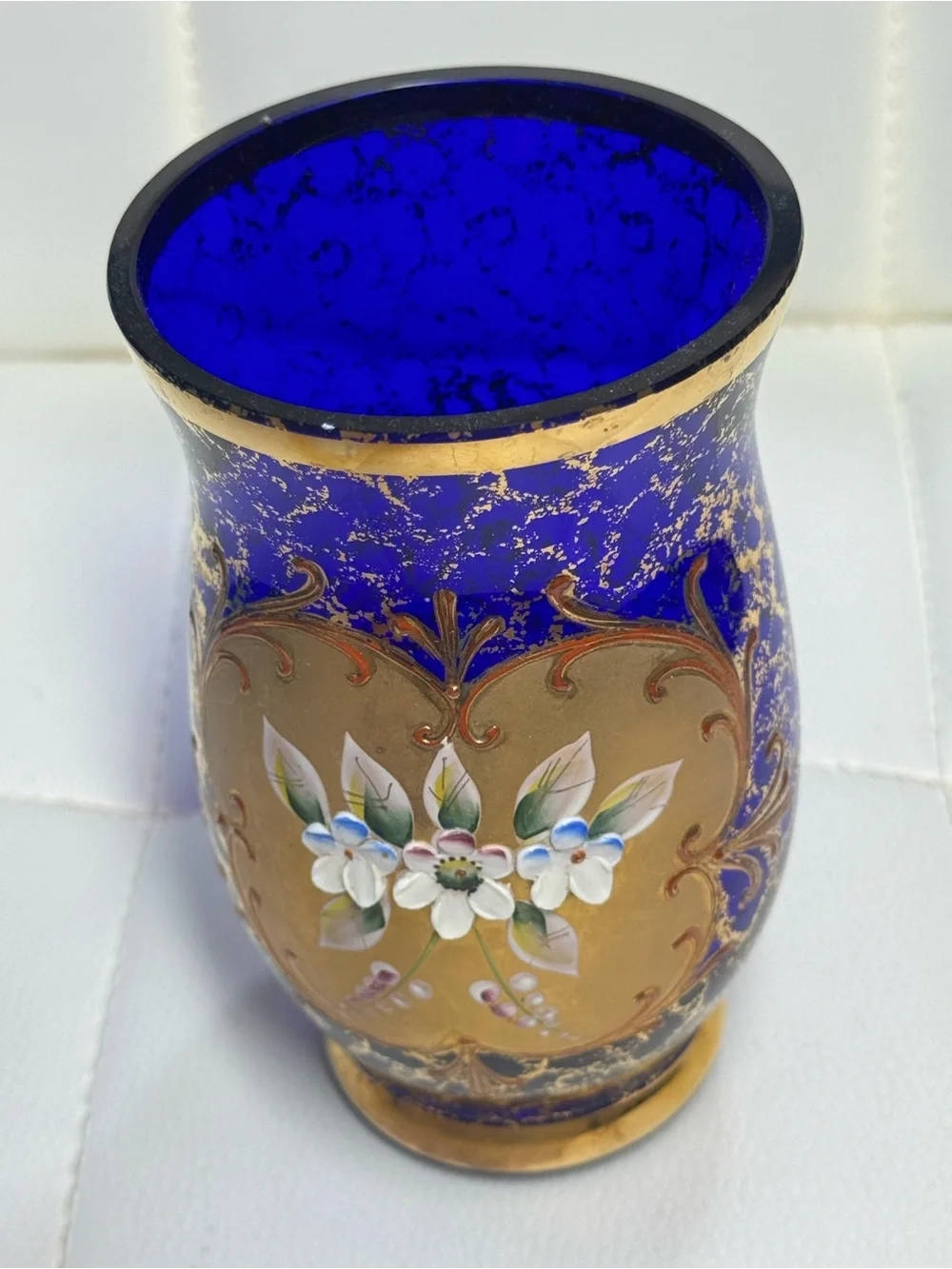 Vintage Bohemian Cobalt Blue Glass Vase with Gold Gilded Detailing and Raised En